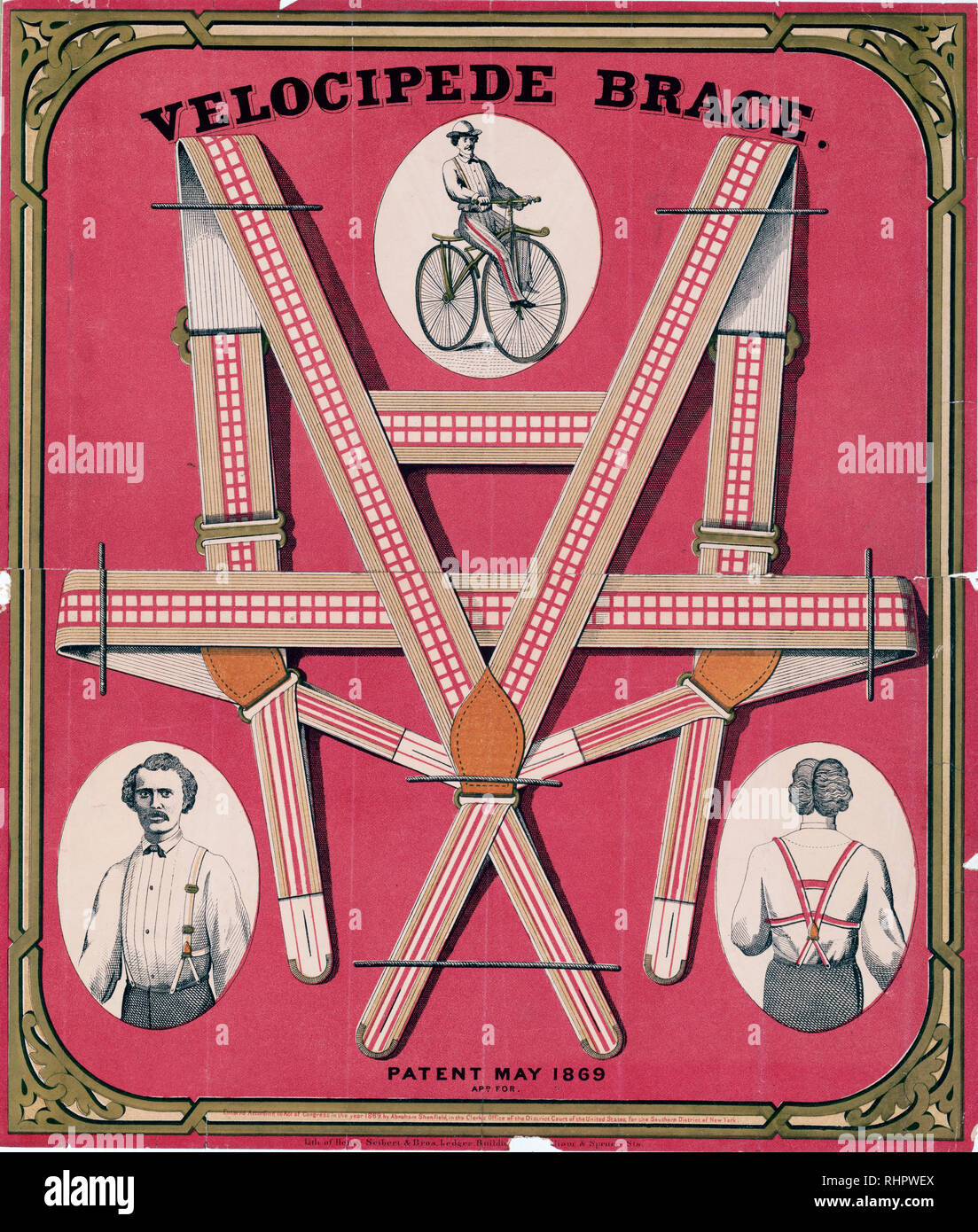 Stampa mostra autoreggenti e tre vignette che mostra un uomo che li indossa  mentre in sella ad una bicicletta e vista frontale e del retro di un uomo  che indossa le bretelle