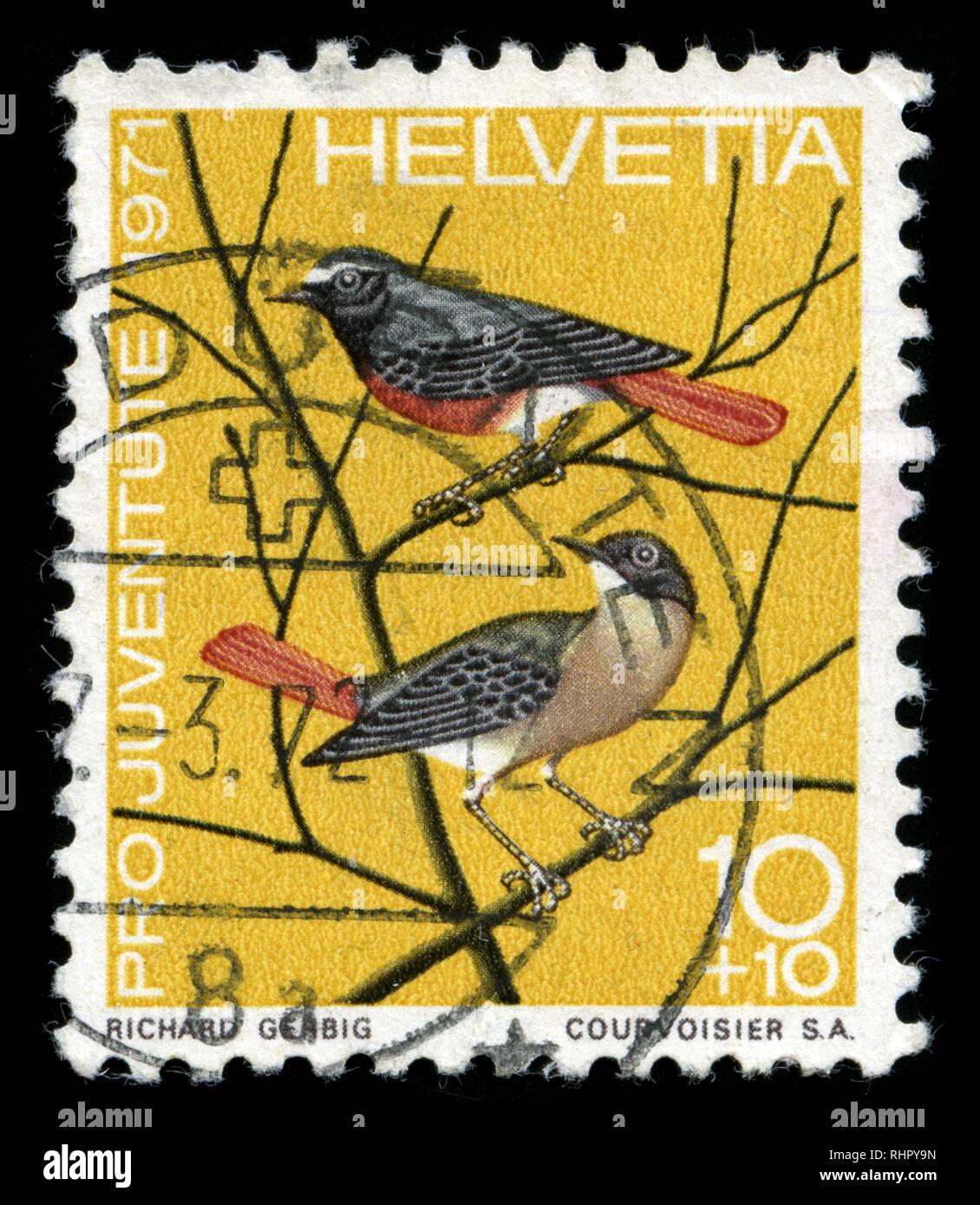 Francobollo dalla Svizzera nel Pro Juventute: uccelli serie rilasciato in 1971 Foto Stock
