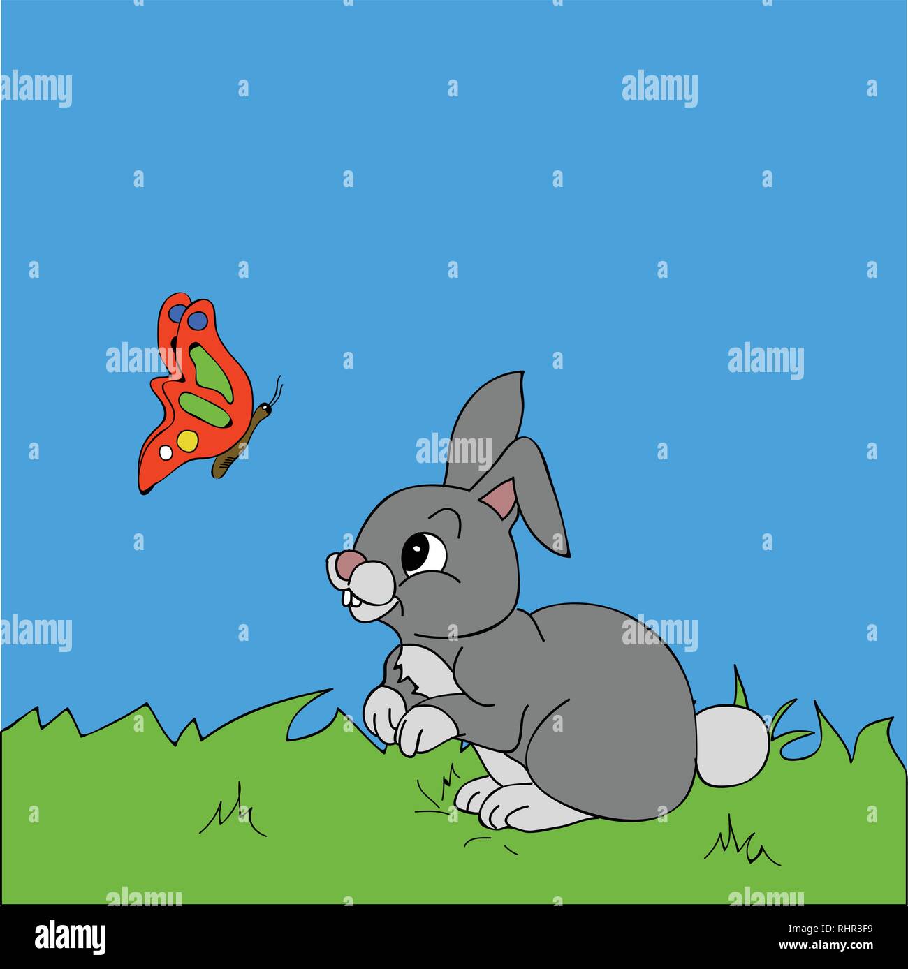 Disegnata a mano simpatico coniglio e Butterfly cartoni stile sopra erba e sfondo cielo Illustrazione Vettoriale