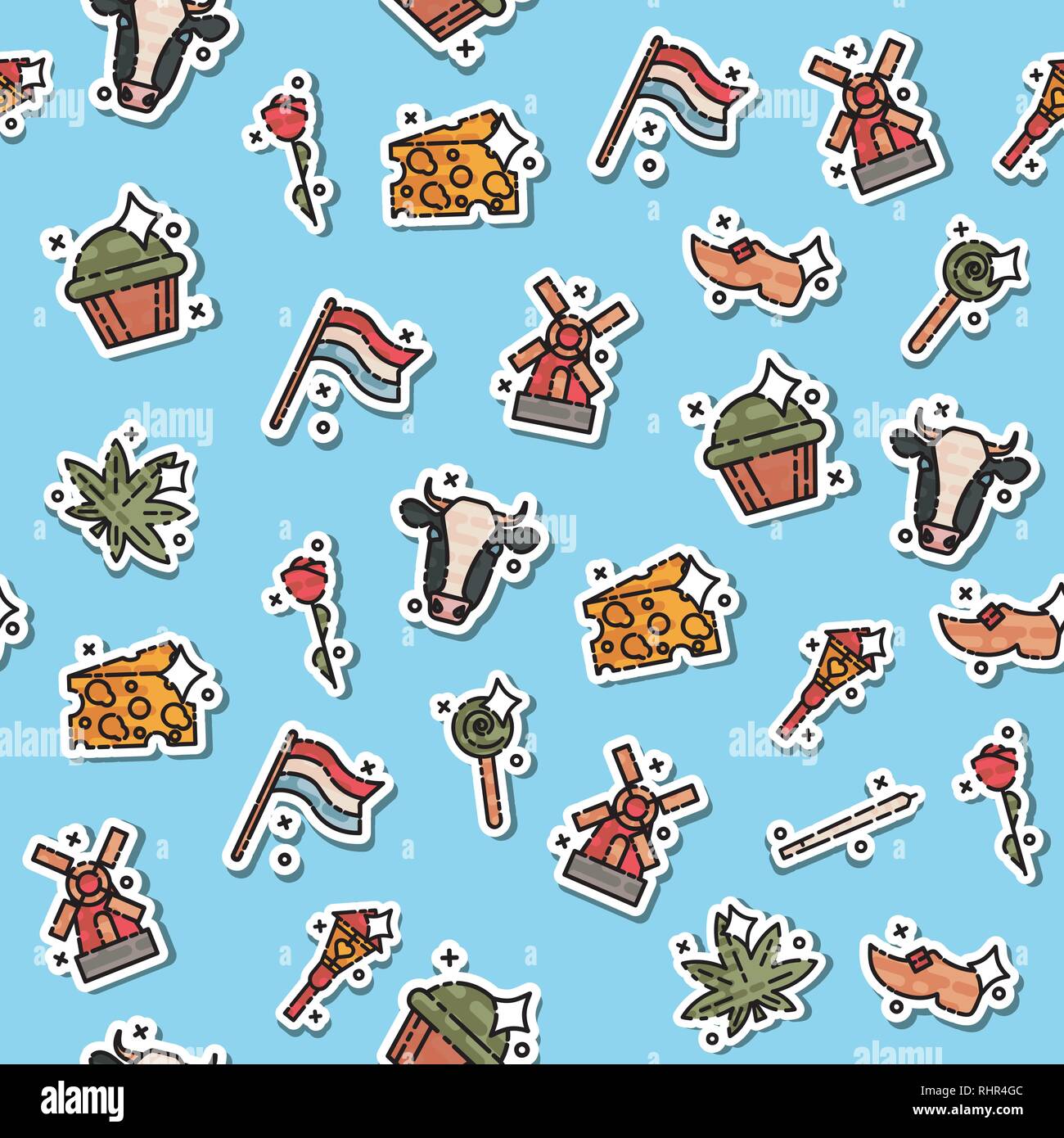 Colorato modello holland. Simboli dei Paesi Bassi. Pattern sul tema dei viaggi e del turismo. Sfondo per l'uso nella progettazione, imballaggio, sito web, tessuto Illustrazione Vettoriale