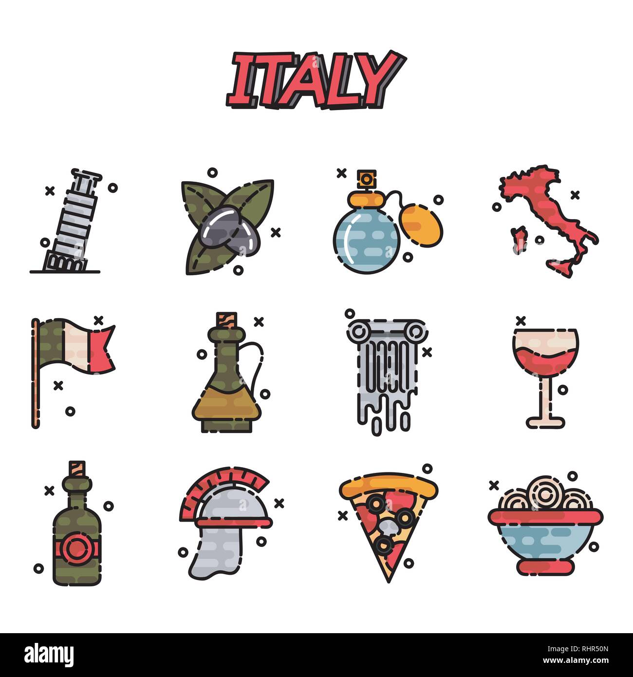 Italia Piatto Design icone di concetto di viaggio. Illustrazione vettoriale EPS, 10 Illustrazione Vettoriale