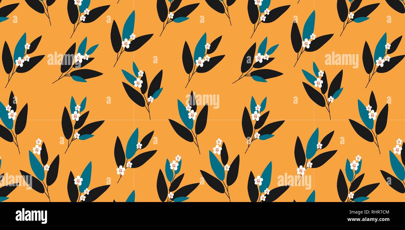 Orizzontale modello senza cuciture con graziosi doodle fiori e foglie su sfondo arancione, illustrazione vettoriale Illustrazione Vettoriale