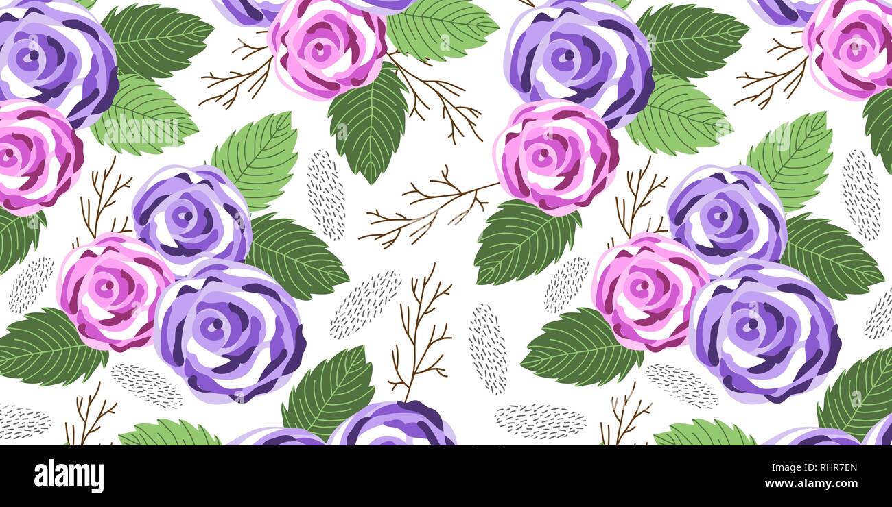 Orizzontale modello senza cuciture con graziosi doodle fiori da giardino di rose su sfondo bianco, illustrazione vettoriale Illustrazione Vettoriale