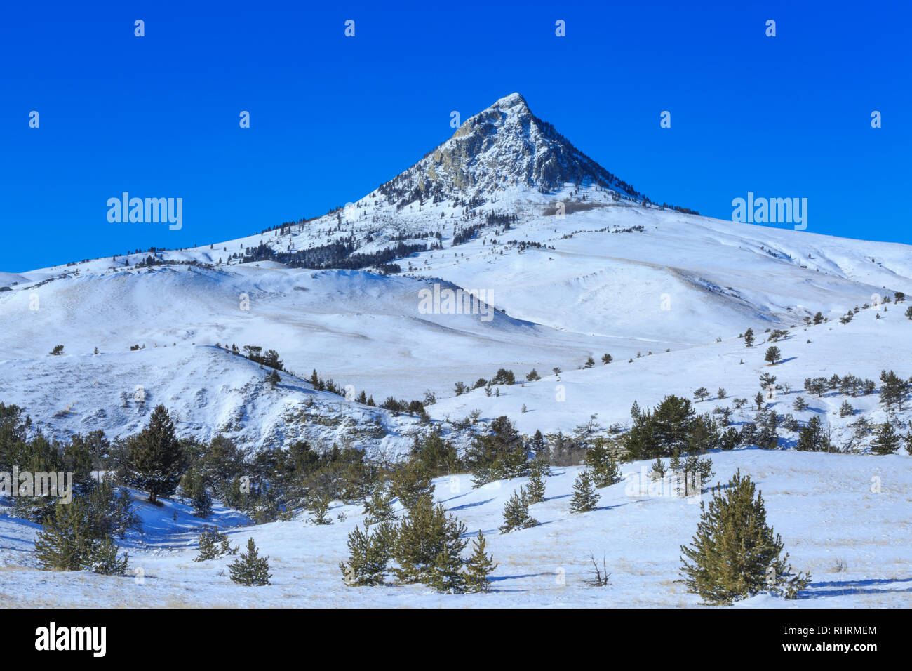 Pagliaio butte in inverno lungo il Rocky Mountain Front vicino a Augusta, montana Foto Stock