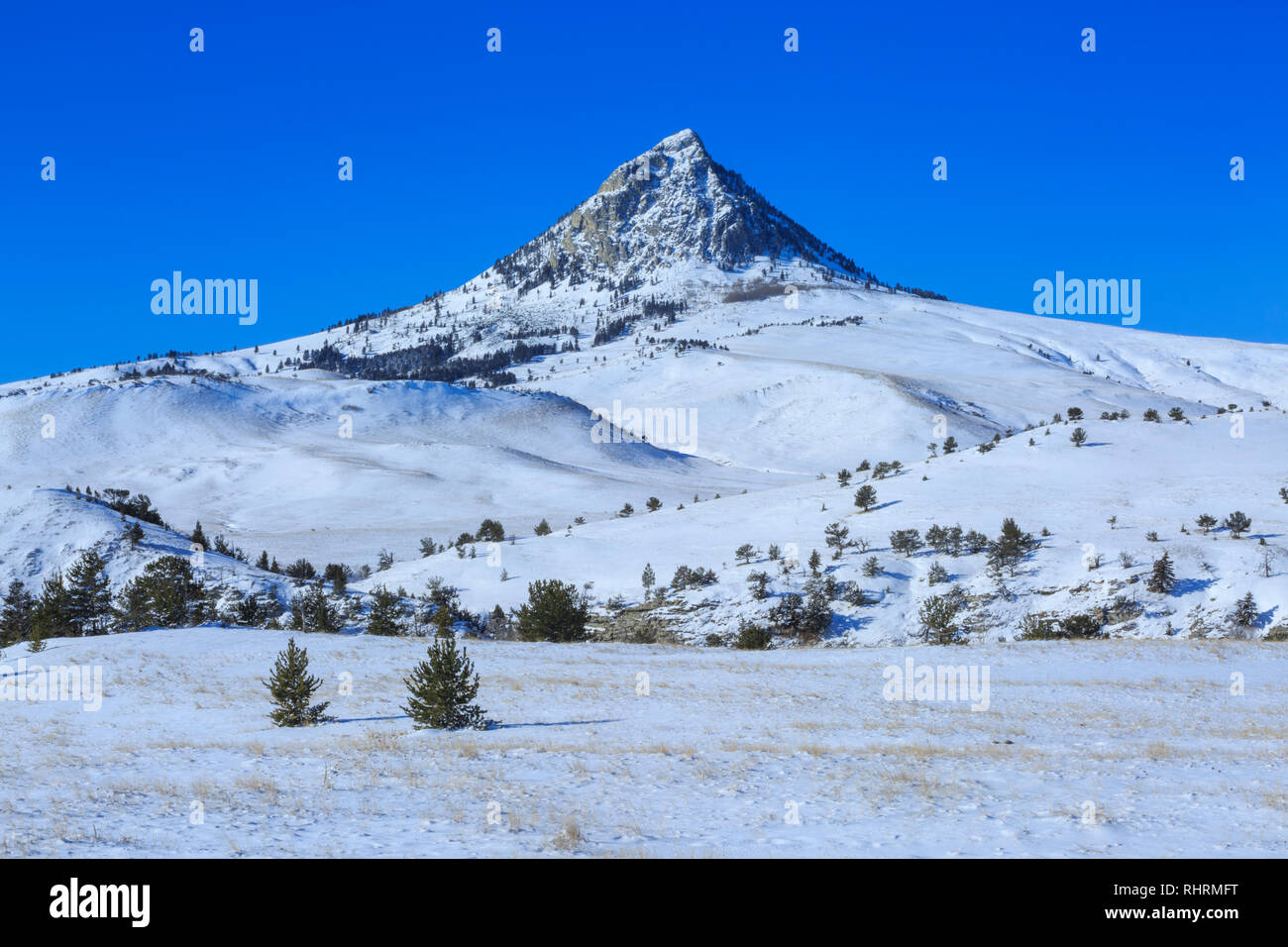 Pagliaio butte in inverno lungo il Rocky Mountain Front vicino a Augusta, montana Foto Stock