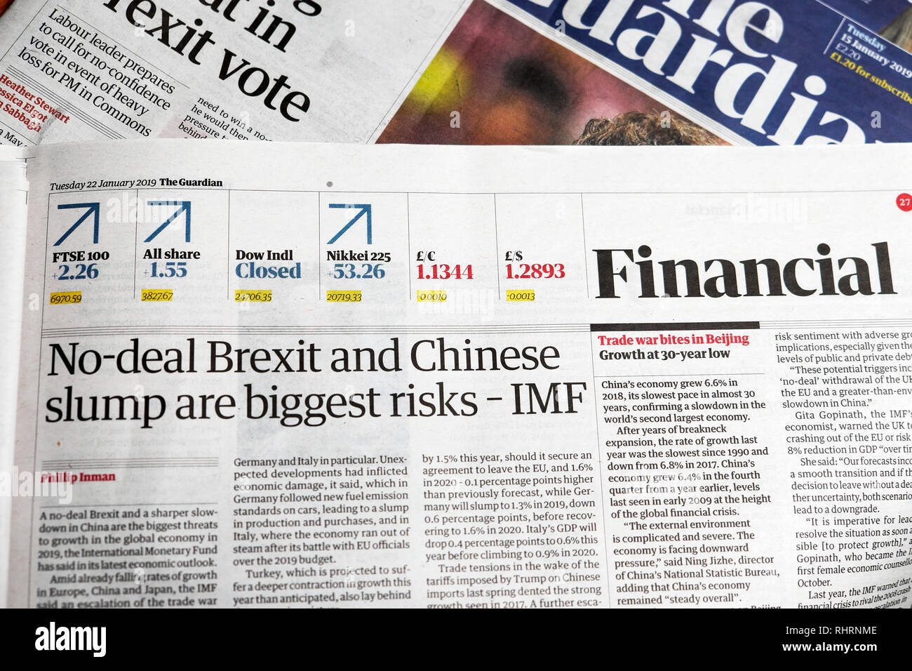 "No-deal Brexit e slump cinesi sono maggiori rischi - FMI' pagina finanziaria articolo nel quotidiano Guardian Londra Inghilterra REGNO UNITO 22 Gennaio 2019 Foto Stock