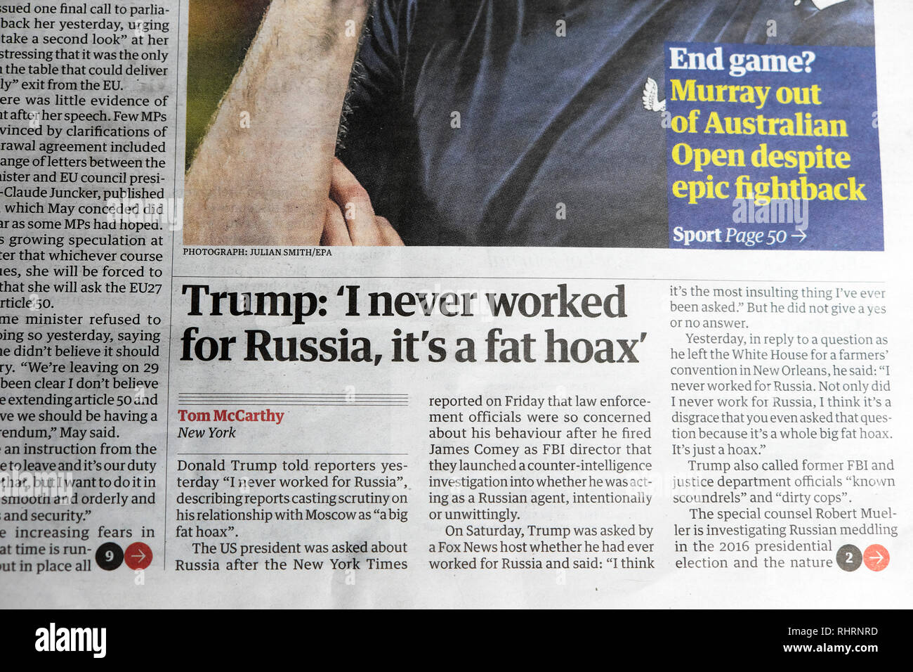 "Trump: 'Non ho mai lavorato per la Russia, si tratta di una truffa grasso' ' quotidiano Guardian front page headline articolo Londra Inghilterra REGNO UNITO Foto Stock