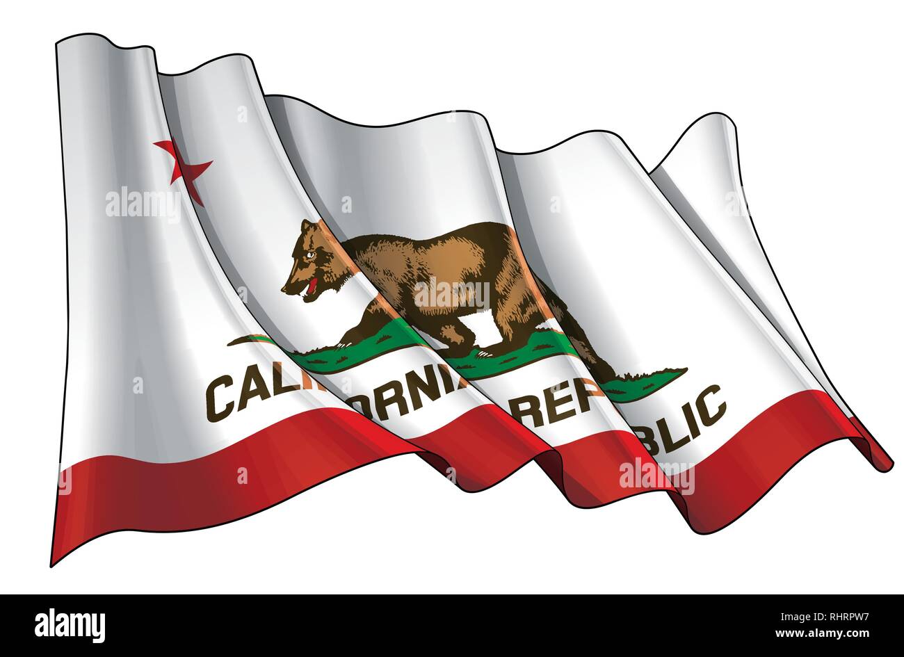 Illustrazione vettoriale di una sventola bandiera dello Stato della California. Tutti gli elementi ordinatamente su ben definiti livelli e gruppi. Illustrazione Vettoriale