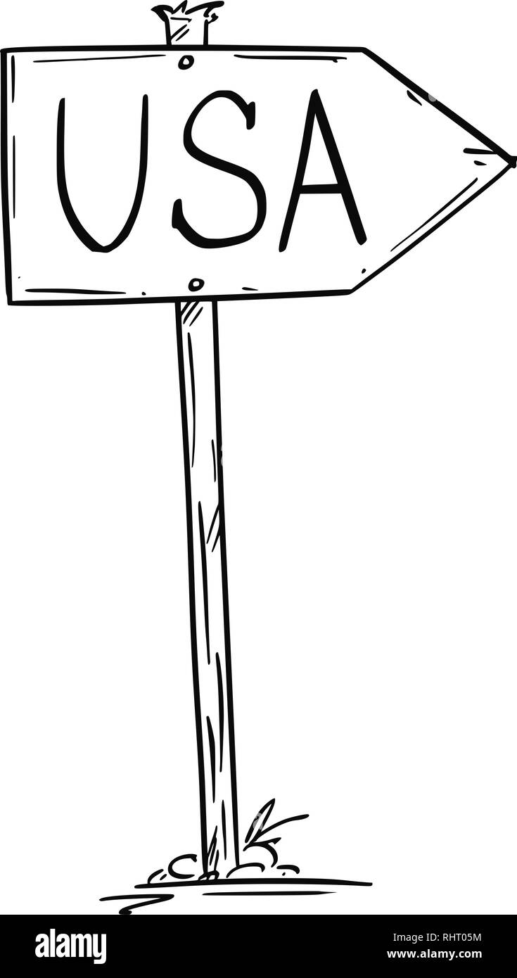 Disegno di piccoli rustici di legno strada segno di freccia con significato negli Stati Uniti Stati Uniti d'America il testo Illustrazione Vettoriale