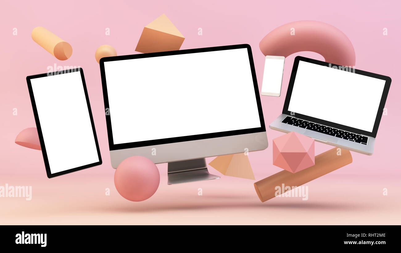Dispositivi di galleggiamento su abstract sfondo rosa il rendering 3D Foto Stock