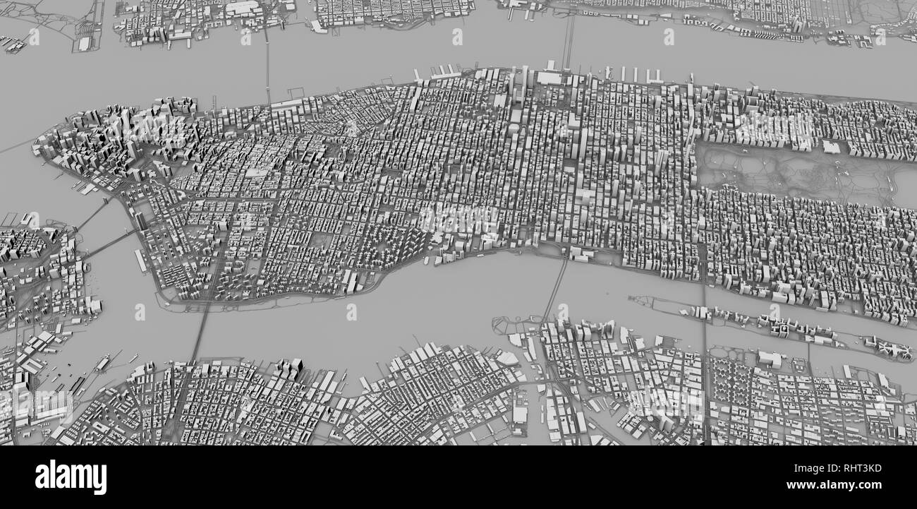 Vista dal satellite della città di New York, mappa, gli edifici 3D, rendering 3d. Strade e grattacieli di Manhattan Foto Stock