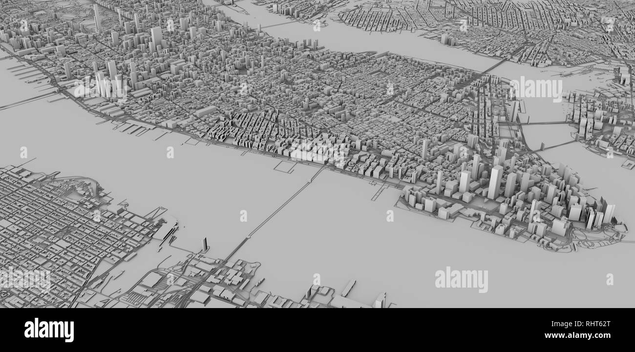Vista dal satellite della città di New York, mappa, gli edifici 3D, rendering 3d. Strade e grattacieli di Manhattan Foto Stock