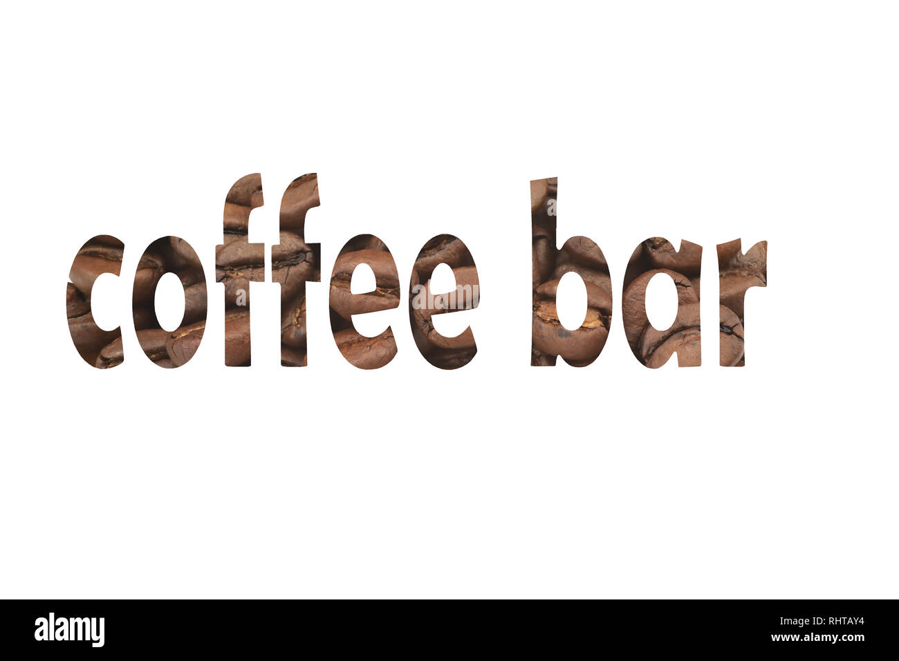 Close-up di chicchi di caffè con taglio fuori le parole coffee bar Foto Stock