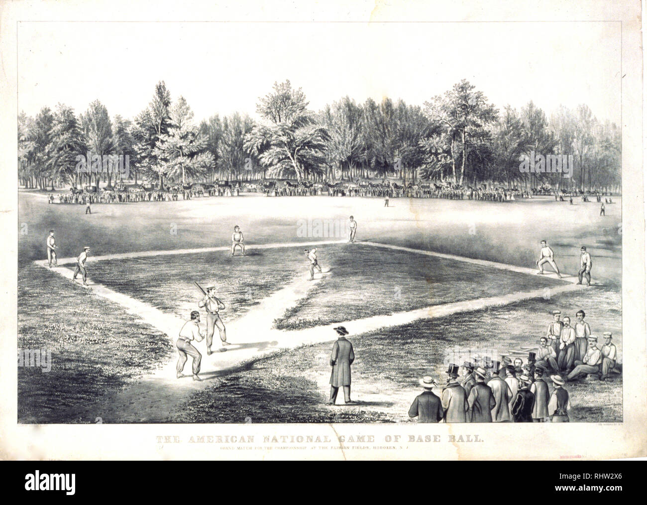 La nazionale americana gioco della sfera di base. Grand match per il campionato al Elysian Fields Hoboken, N.J. ca. 1866 Foto Stock
