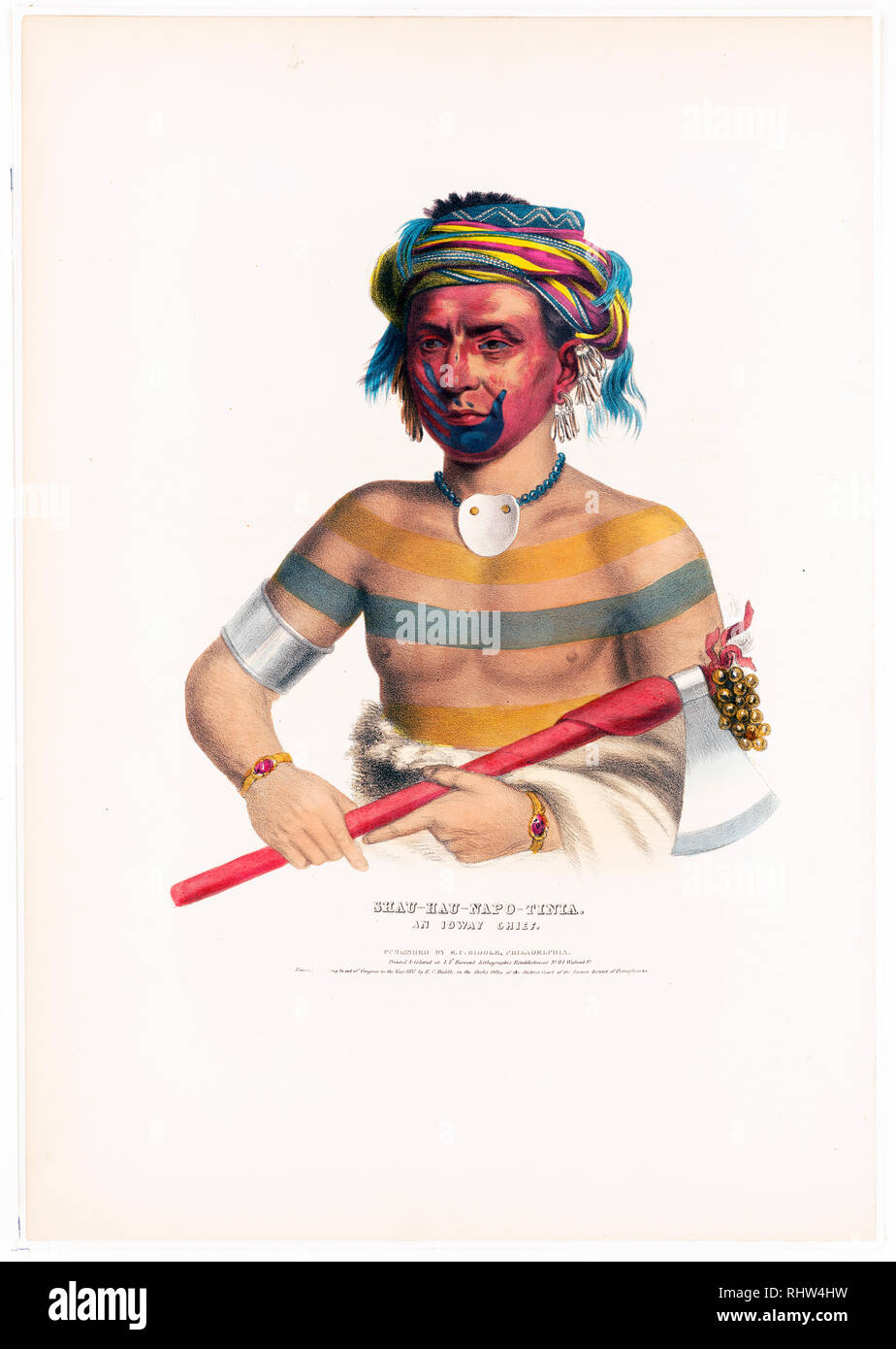 Xix secolo Native American stampe - stampa mostra Shau-Nau-Napo-Tinia, mezza lunghezza verticale, rivolto leggermente verso sinistra, tenendo un tomahawk Foto Stock