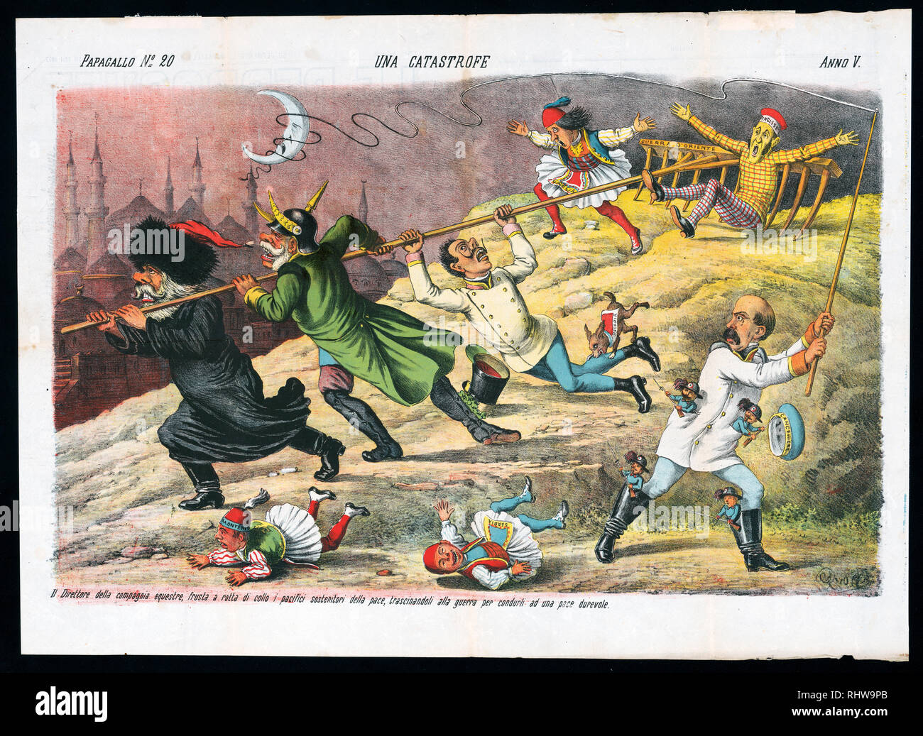 Politica italiana cartoon mostra due uomini che rappresentano la Russia e Germania, tirando un rastrello grande etichettato 'Guerra d'Oriente" Foto Stock