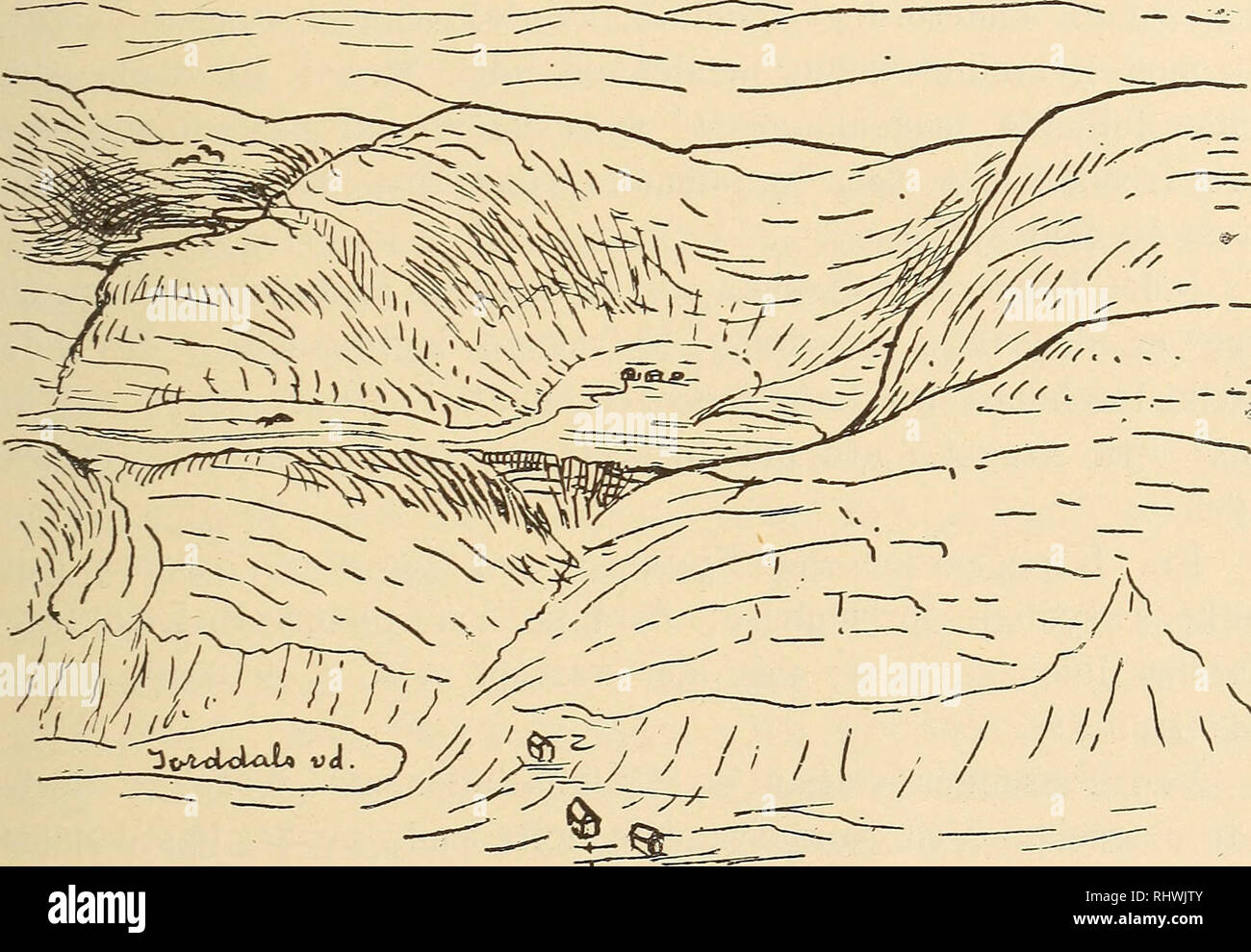 . Musei Bergens aarbog. La scienza. 1902] II. Beskrivelse til geologisk kart nel corso Bergens omegn. 15 dalen ligger. Ho høide med denne bottens bund er der en (med en fly'ende fugl betegnet) terrasseformet afsats, oltre hvilken veien fra Eidsvaag føre op til gaarden. Høiere oppe (der hvor de al fugle vede) er der en anden smuk bøtten, ho hvis bund der ligger a vande. Mindre dale, som i formano naermer sig de egte bottendale, er Mulelvens dal eller Skraedderdalen og Storemøllens dal, der begge aabner sig ned mod Sandviken. Yi skal nu gaa noget nøiere ind paa bergbygningens enkelt- heder.. /^;m/!i&GT; li Foto Stock