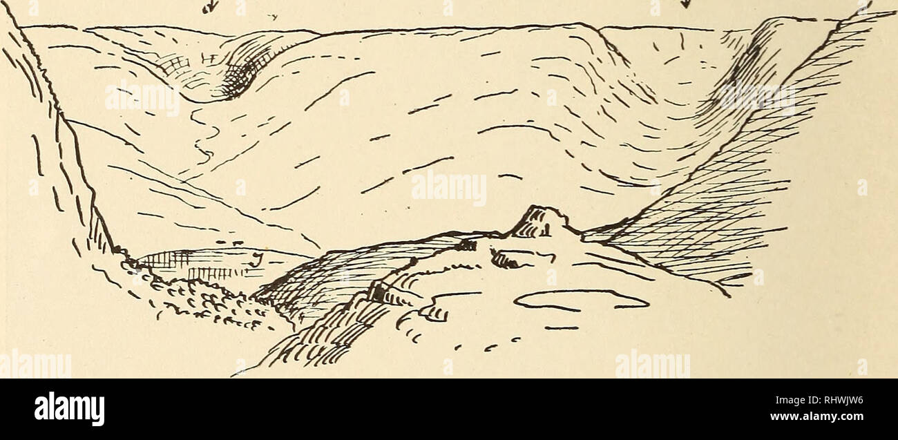 . Musei Bergens aarbog. La scienza. 14 Hans Reusch. [N. 10 i tre isolerede fjelde, Lyderhorn, Damsgaardsfjeld og Løvstakken. En dio oversigt over disse tre fjelde faar uomo, naar overser man dem fra Rundemanden, som foranstaaende paa tegning fremstillet. Noget anderledes viser de sig seet fra et lavt standpunkt (se tegning nedenfor 2). Løvstakken og viser Damsgaardsfjeld, isaer i visse belysninger, en i stort fremtraedende bygning, idet de sammensaettes af plumpe pladeformede masser, der helder mod byen. Lyderhorn, hvis nordlige del kaldes Ørnefjeld, ser derimod ud til ad avere en i østlig retning Foto Stock