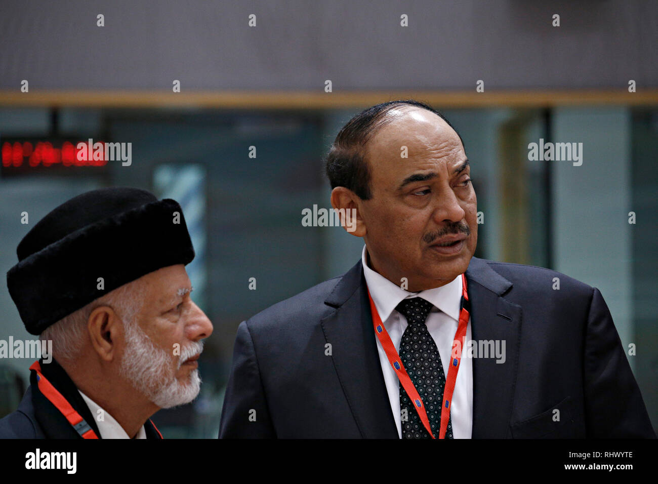 Bruxelles, Belgio. 4° febbraio 2019. Kuwaitiana Ministro degli esteri lo Sceicco Sabah al-Khaled al-Sabah assiste in quinta UE-Lega degli Stati Arabi (LAS) Riunione ministeriale. Alexandros Michailidis/Alamy Live News Foto Stock