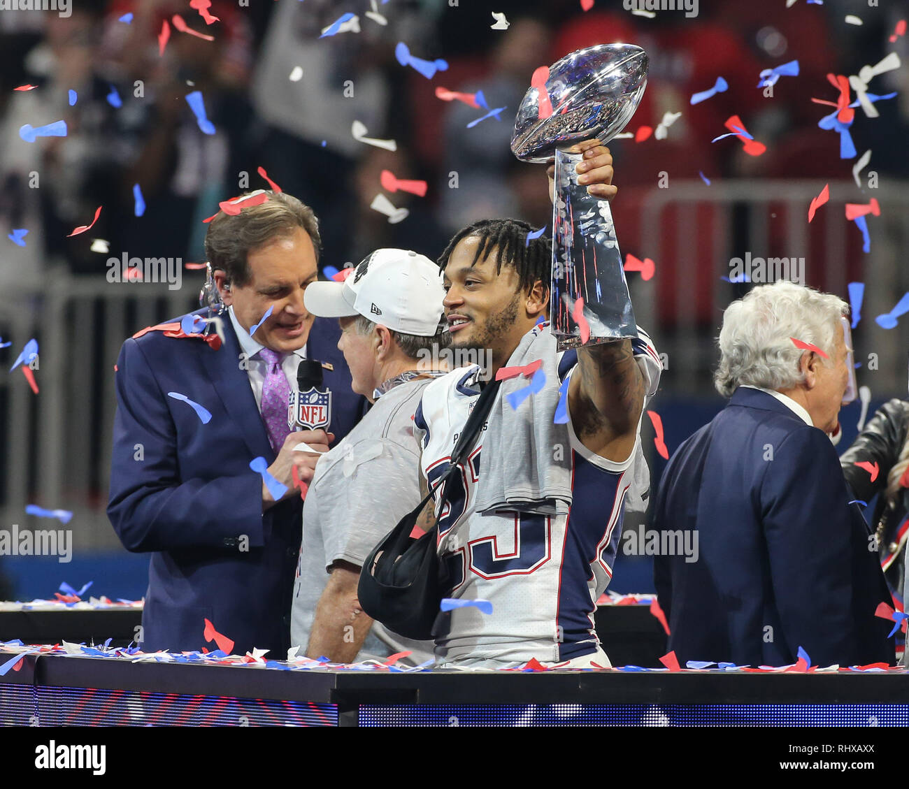 Atlanta, GA, Stati Uniti d'America. 3 febbraio, 2019. New England Patriots sicurezza forte Patrick Chung #23 dopo il Super Bowl LIII tra New England Patriots vs Los Angeles Rams al Mercedes-Benz Stadium di Atlanta, GA il 3 febbraio 2019. (Foto di Jevone Moore) Credito: csm/Alamy Live News Foto Stock