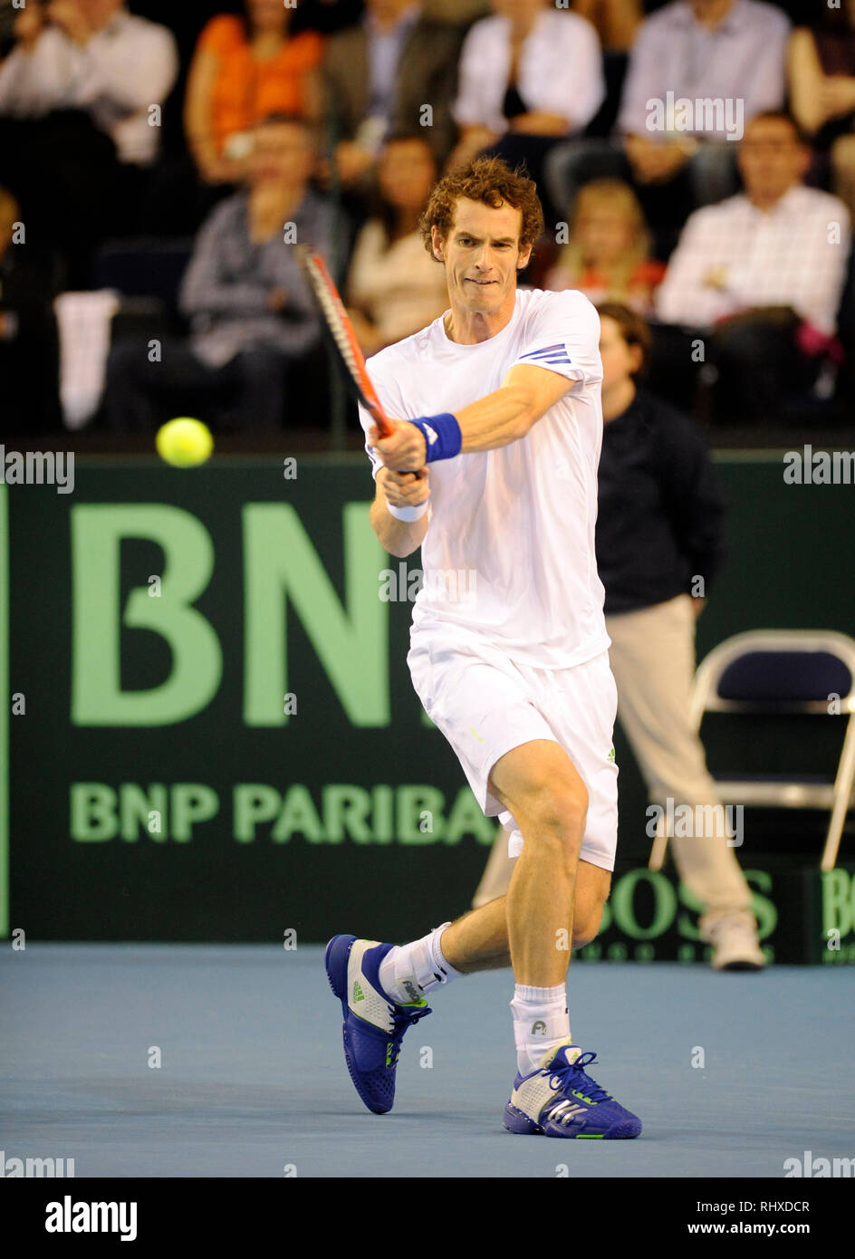 Davis Cup Tennis a Braehead Arena. Andy Murray (GB) v Laurent Bram (LUX) Foto: Lenny Warren / Warren Media 07860 01355 830050 229700 lenny@warren Foto Stock