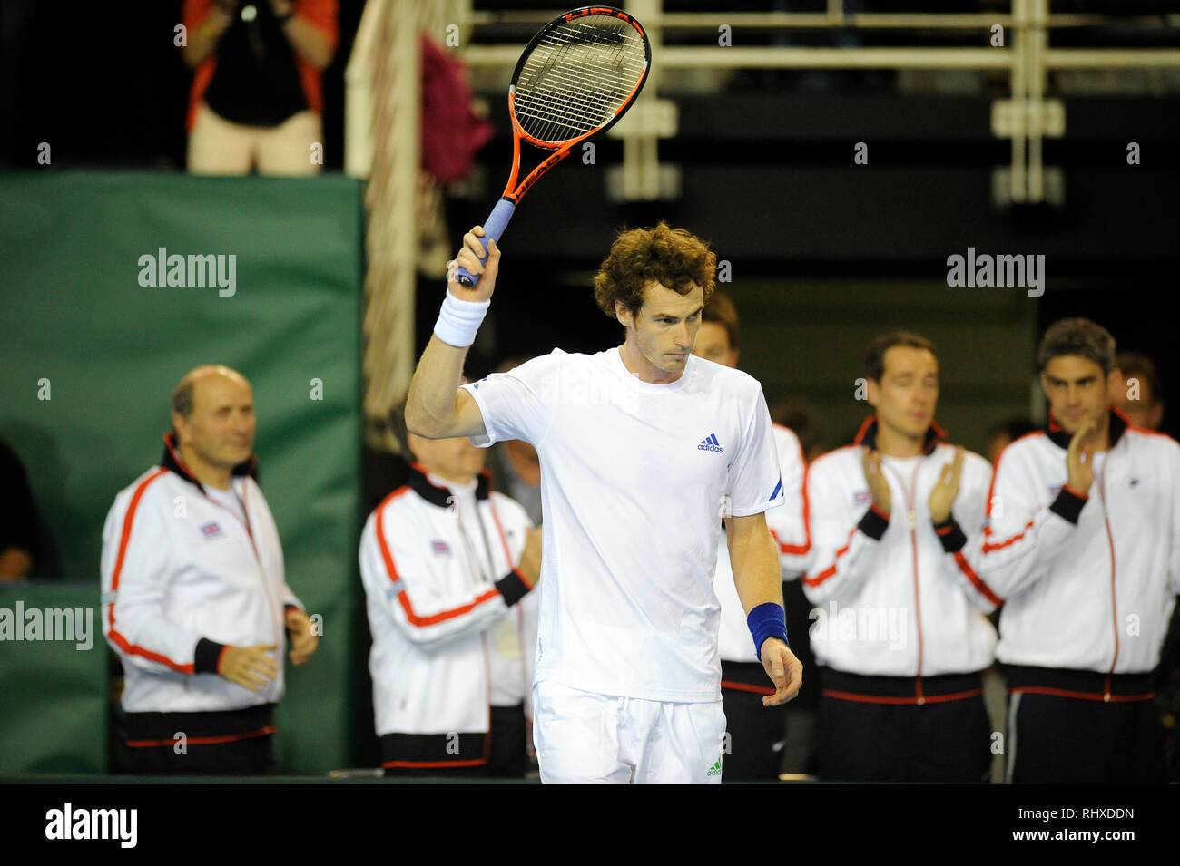 Davis Cup Tennis a Braehead Arena. Andy Murray (GB) v Laurent Bram (LUX) Andy Murray celebra la sua vittoria. Foto: Lenny Warren / Warren Media 07860 Foto Stock