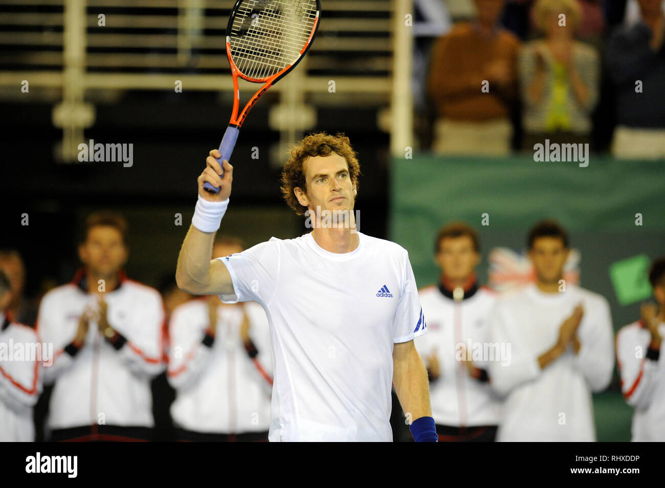 Davis Cup Tennis a Braehead Arena. Andy Murray (GB) v Laurent Bram (LUX) Andy Murray celebra la sua vittoria. Foto: Lenny Warren / Warren Media 07860 Foto Stock