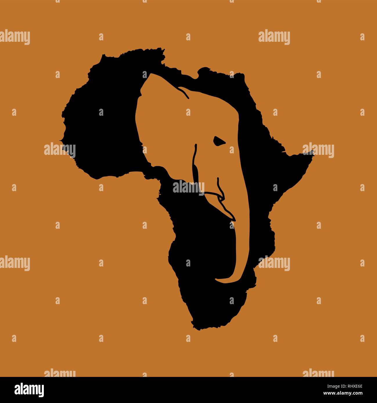 Vector silhouette dell Africa nera marrone con testa di elefante silhouette interno su sfondo marrone Illustrazione Vettoriale