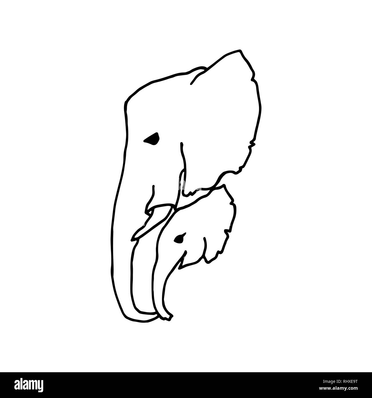 Illustrazione vettoriale di due line art testa di elefante. Bianco e nero testa di elefante logotipo Illustrazione Vettoriale