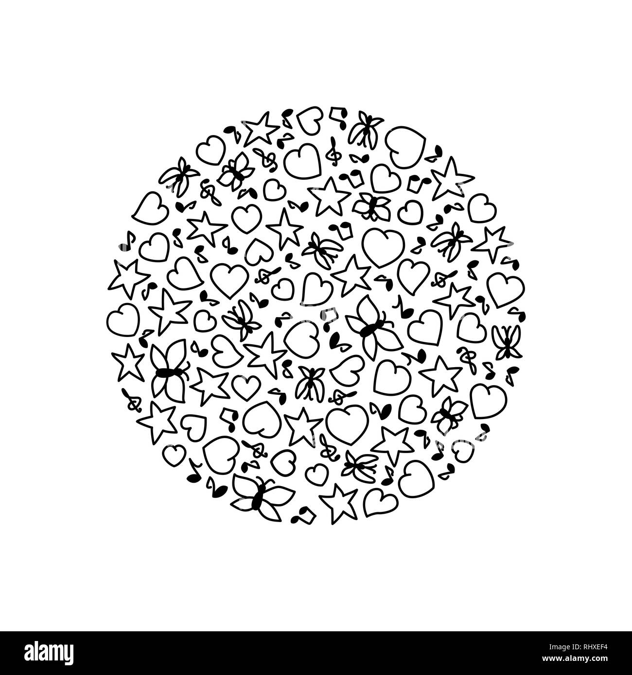 Illustrazione Vettoriale di cartoon round di cuori, note stelle e farfalle. Pagina di colorazione prenota per il giorno di San Valentino Illustrazione Vettoriale