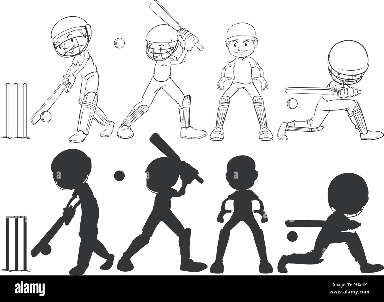 Set di giocatore di cricket illustrazione di carattere Illustrazione Vettoriale