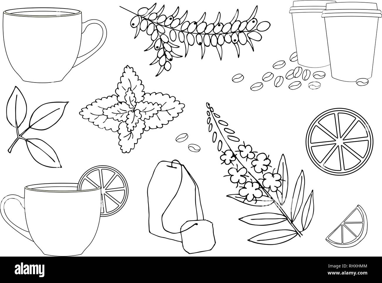 Tazza di tè caldo, una tazza di tè alle erbe. Varie erbe ingredienti tè raccolta su sfondo bianco. Rasterillustration set. Foto Stock