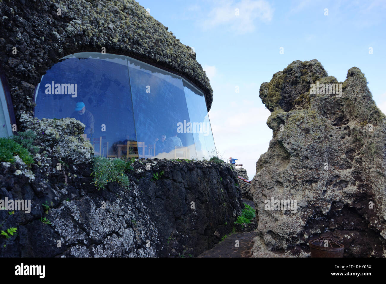 Panoramafenster und Aussichtsplattform, Mirador del Río, Lanzarote, Isole Kanarische, Spanien Foto Stock
