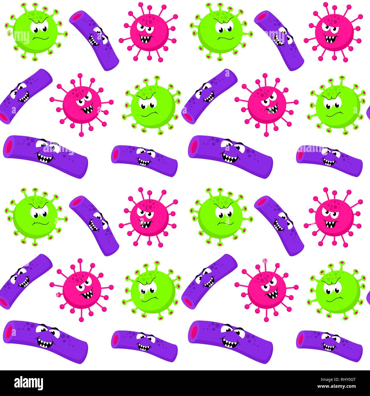 Batteri e germi in stile cartoon su sfondo bianco. Divertente personaggio dei fumetti. Bad microbi sfondo. Modello senza giunture. Illustrazione Vettoriale. Illustrazione Vettoriale