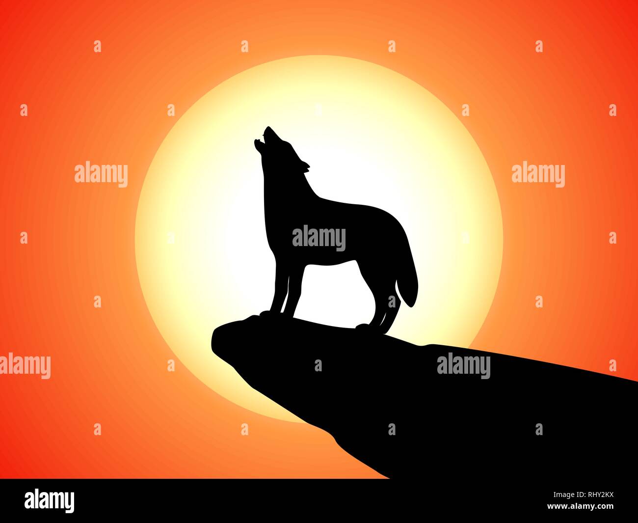 Ululati Wolf si erge su una roccia al tramonto Illustrazione Vettoriale