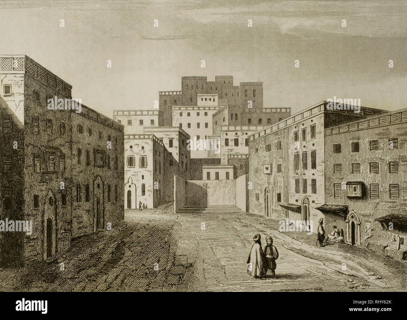 Meroua. Luogo sacro è formata da tre grandi pareti e situato in una delle strade della Mecca. In strada ci sono i barbieri che catturano i capi dei pellegrini quando completano i sette viaggi tra Safa e Meroua. Incisione. Panorama universale. La storia di Arabia, 1851. Foto Stock