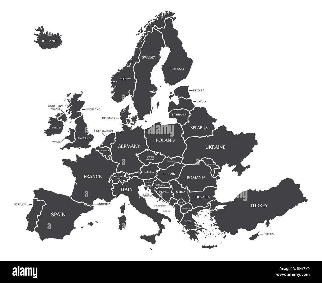 Mappa moderno - Europa con i paesi e le etichette in bianco e nero Illustrazione Vettoriale