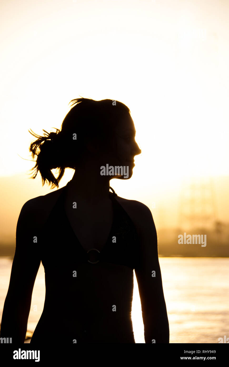 Silhouette di una ragazza sulla riva del Nilo Foto Stock