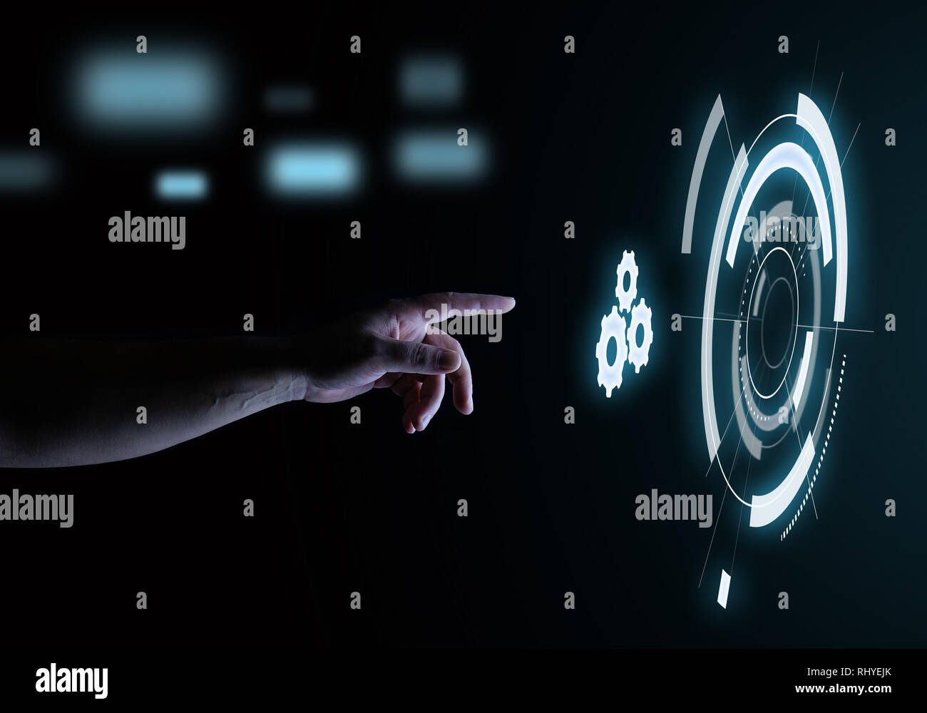 Pulsante impostazioni Digital Touch ologramma interfaccia utente Concetto tecnologico Foto Stock