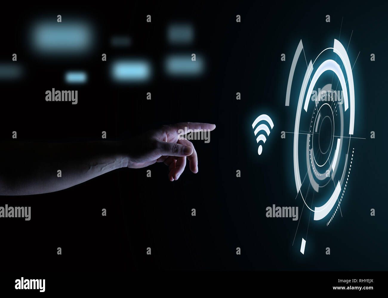 Ologramma Wifi Touch pulsante ologramma interfaccia utente Concetto tecnologico Foto Stock