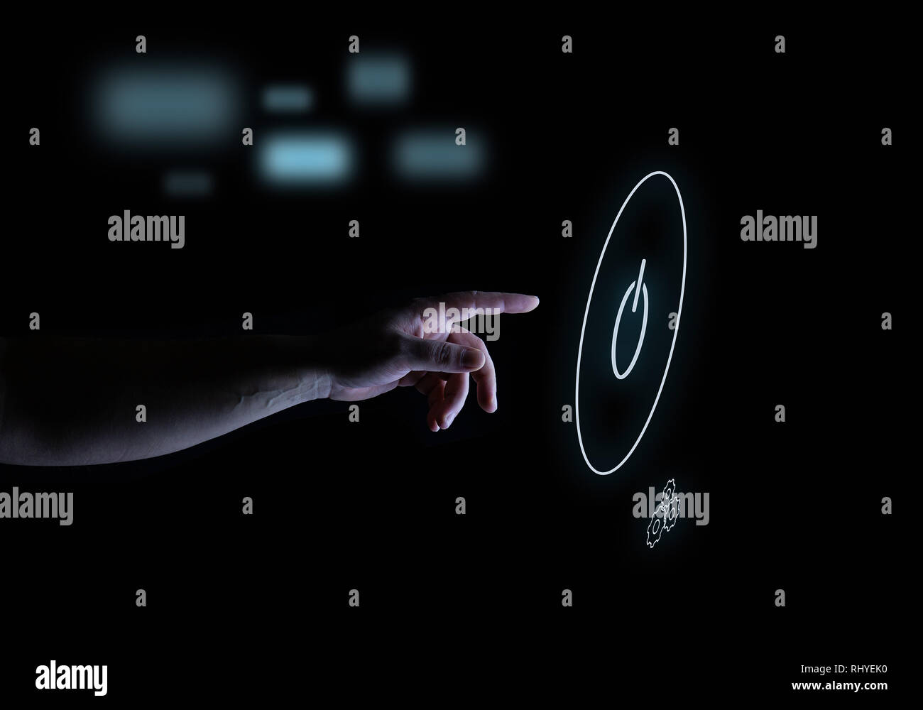 Pulsante di accensione Touch ologramma interfaccia utente Concetto tecnologico Foto Stock