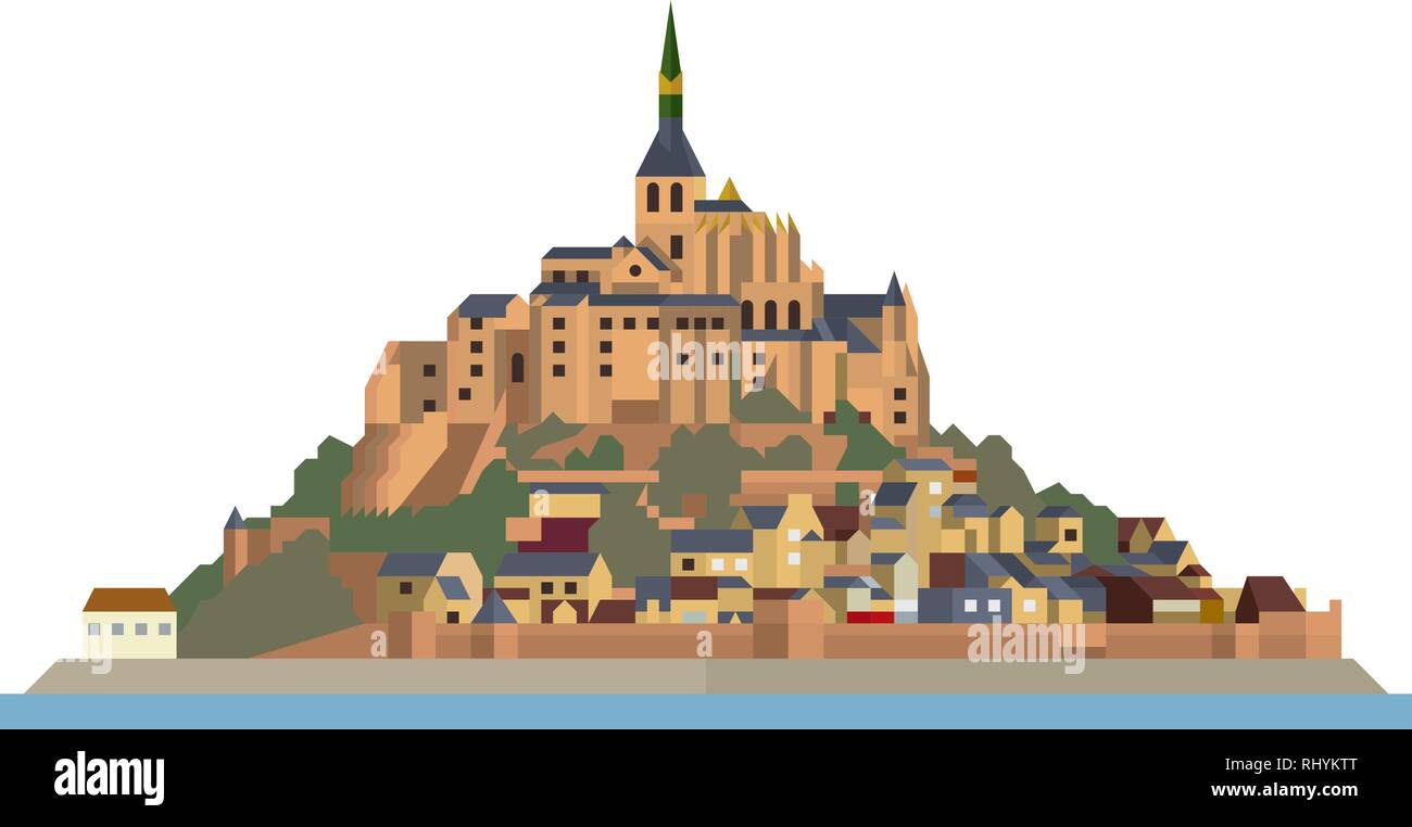 Design piatto isolato icona vettore di Le Mont Saint Michel, isola, villaggio e monastero fuori costa Francese della Normandia. Illustrazione Vettoriale