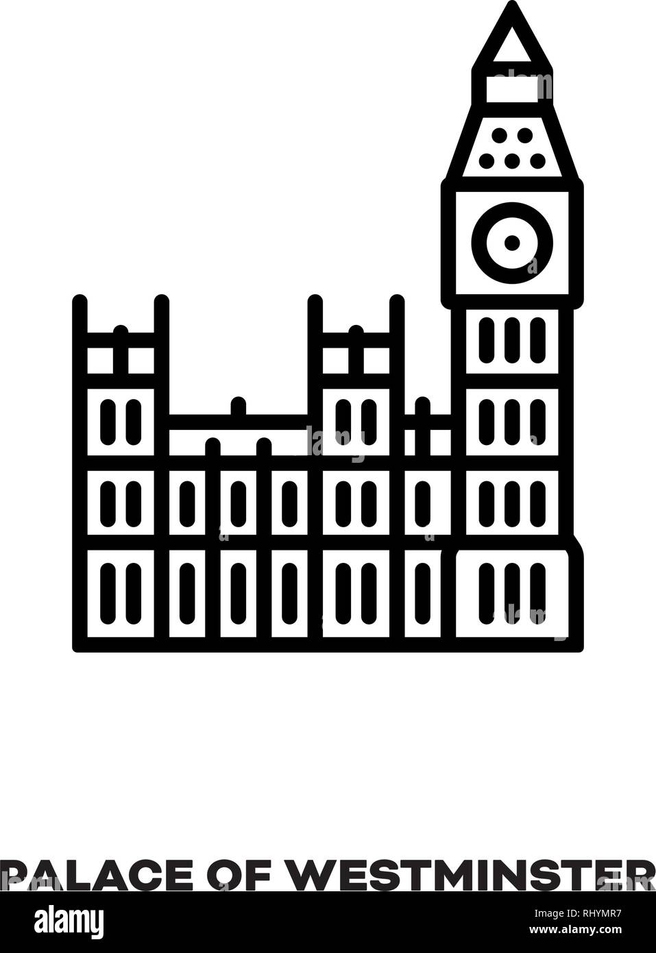 Palazzo di Westminster e il Big Ben torre campanaria a Londra, Inghilterra, Regno Unito, vettore icona linea. Punto di riferimento internazionale e simbolo del turismo. Illustrazione Vettoriale