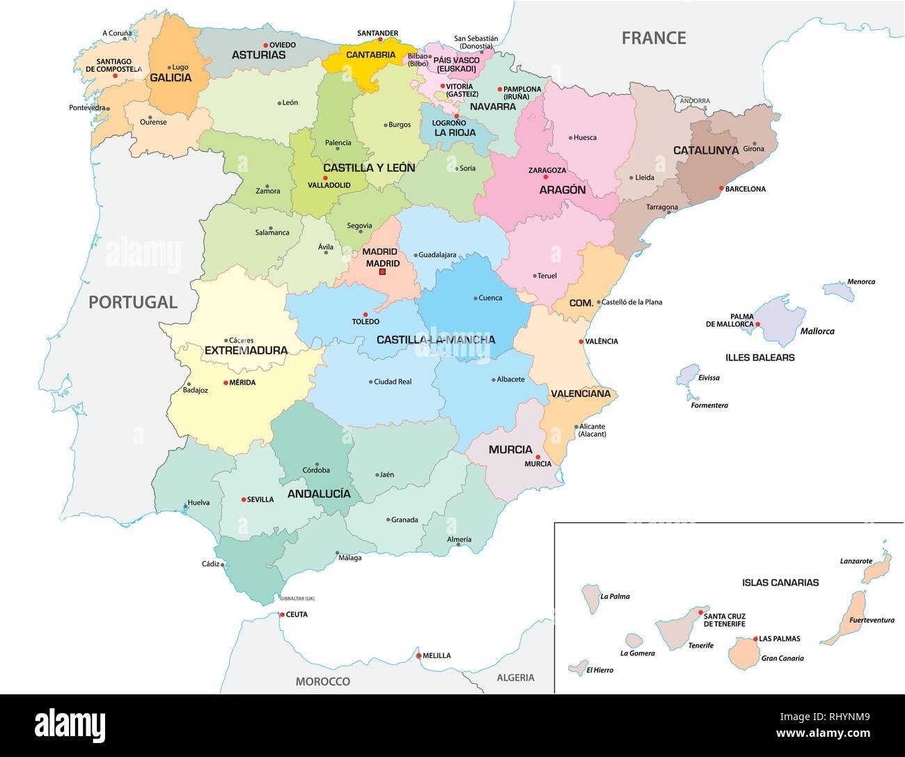 Colorato politica e amministrativa di mappa vettoriale delle province spagnole e regioni Illustrazione Vettoriale