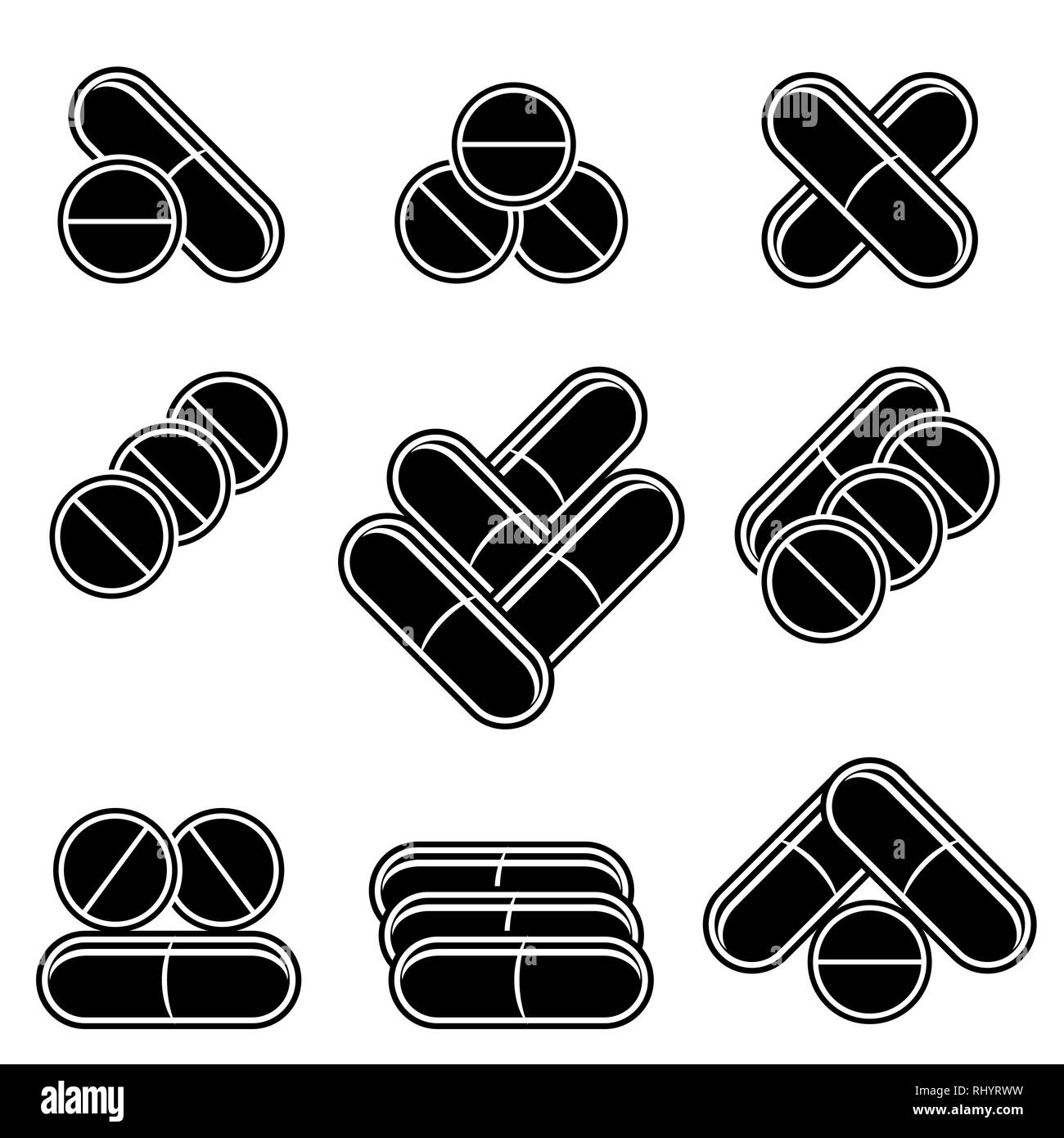 Set di colorate pillole di medici. Set di droghe. Le capsule di medicina di farmaco. Colorate antibiotici farmaceutica. Illustrazione Vettoriale