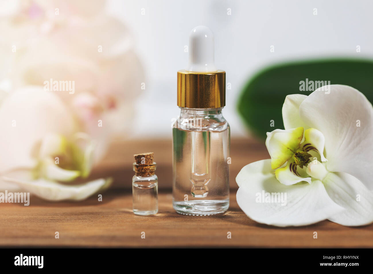 Fiore naturale olio essenziale di bottiglie con la fioritura di orchidee Foto Stock