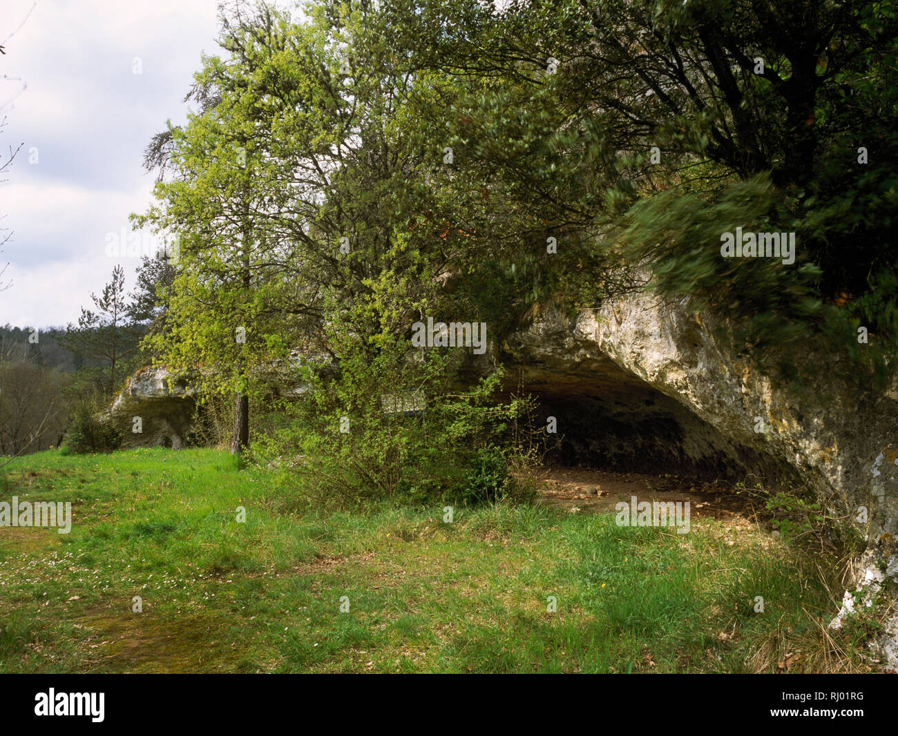 Le Moustier Upper Rock Shelter, o Abri Superieur de Moustier, guardando a nord ovest in tutta la larghezza della sporgenza. Foto Stock