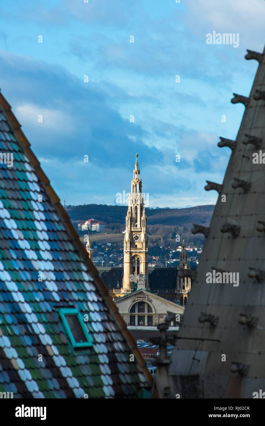 Vienna dello skyline della città con il municipio visto dalla cima del Duomo di Santo Stefano (Stephansdom) Torre Nord. Austria. Foto Stock