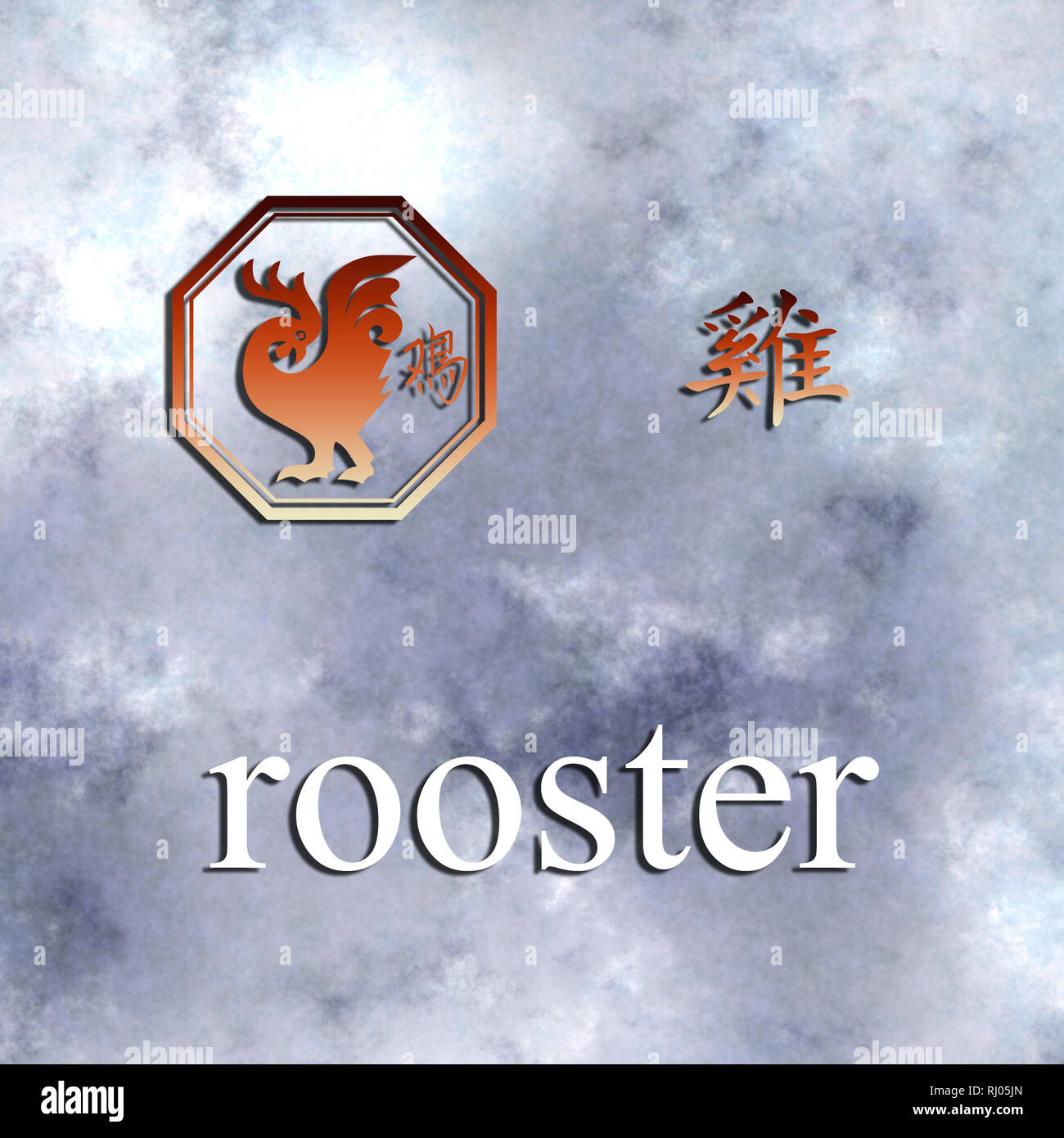 Scheda con i simboli dello zodiaco cinese segno della Rooster Foto Stock