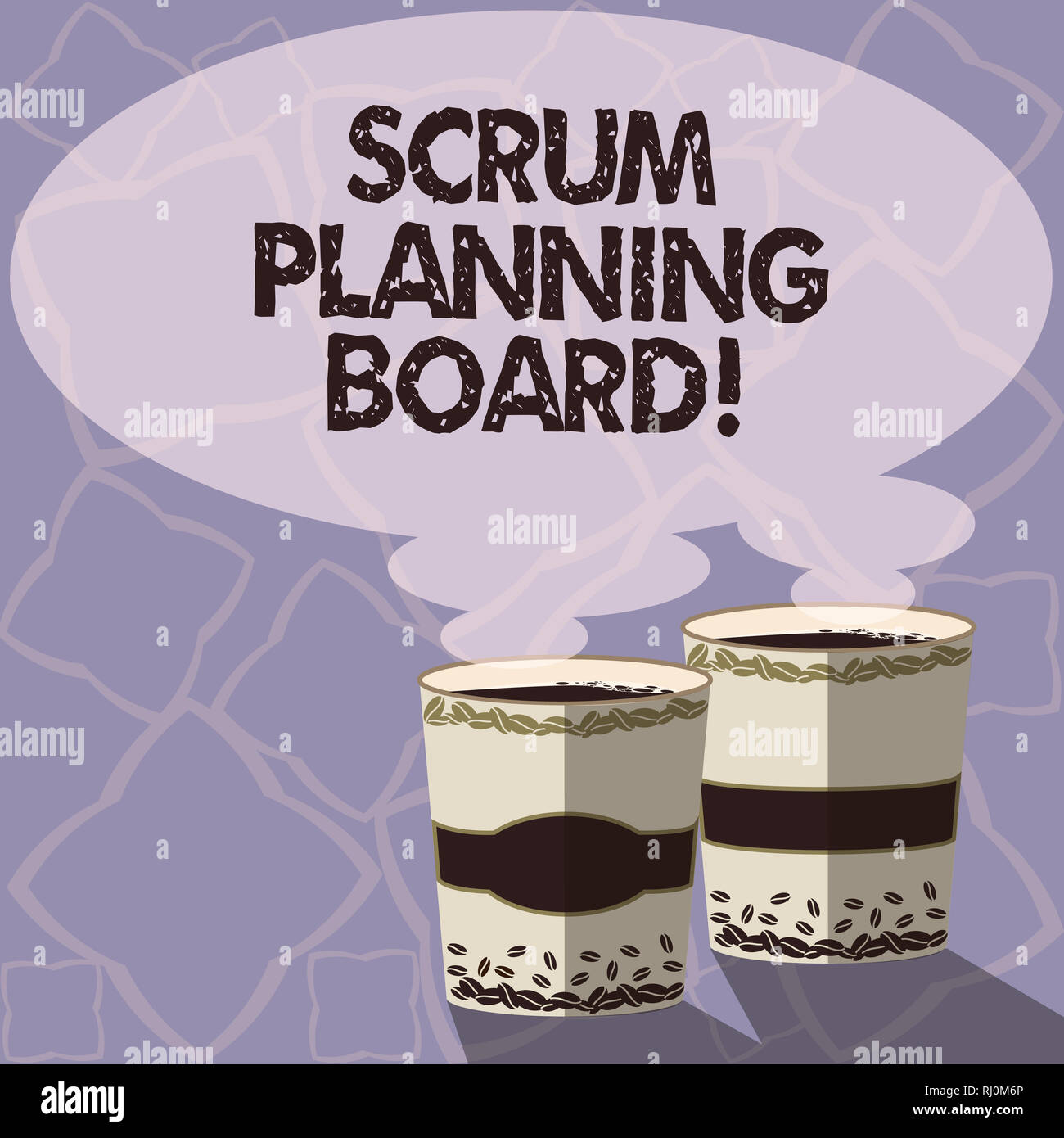 La grafia la scrittura di testo Scrum scheda Pianificazione. Concetto significato display visivo per il progresso del team Scrum due per andare Cup con la bevanda e di vapore Foto Stock